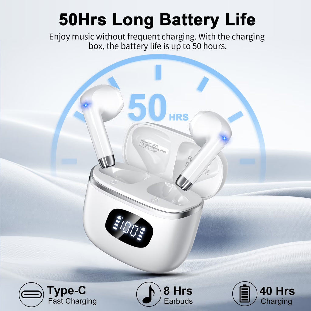Wireless Earbuds Bluetooth 5.4​ Noise Cancelling for Iphone Android with 4 ENC Mic, Dual LED Display, 50H Playtime IPX7 Waterproof in Ear Headphones, White
