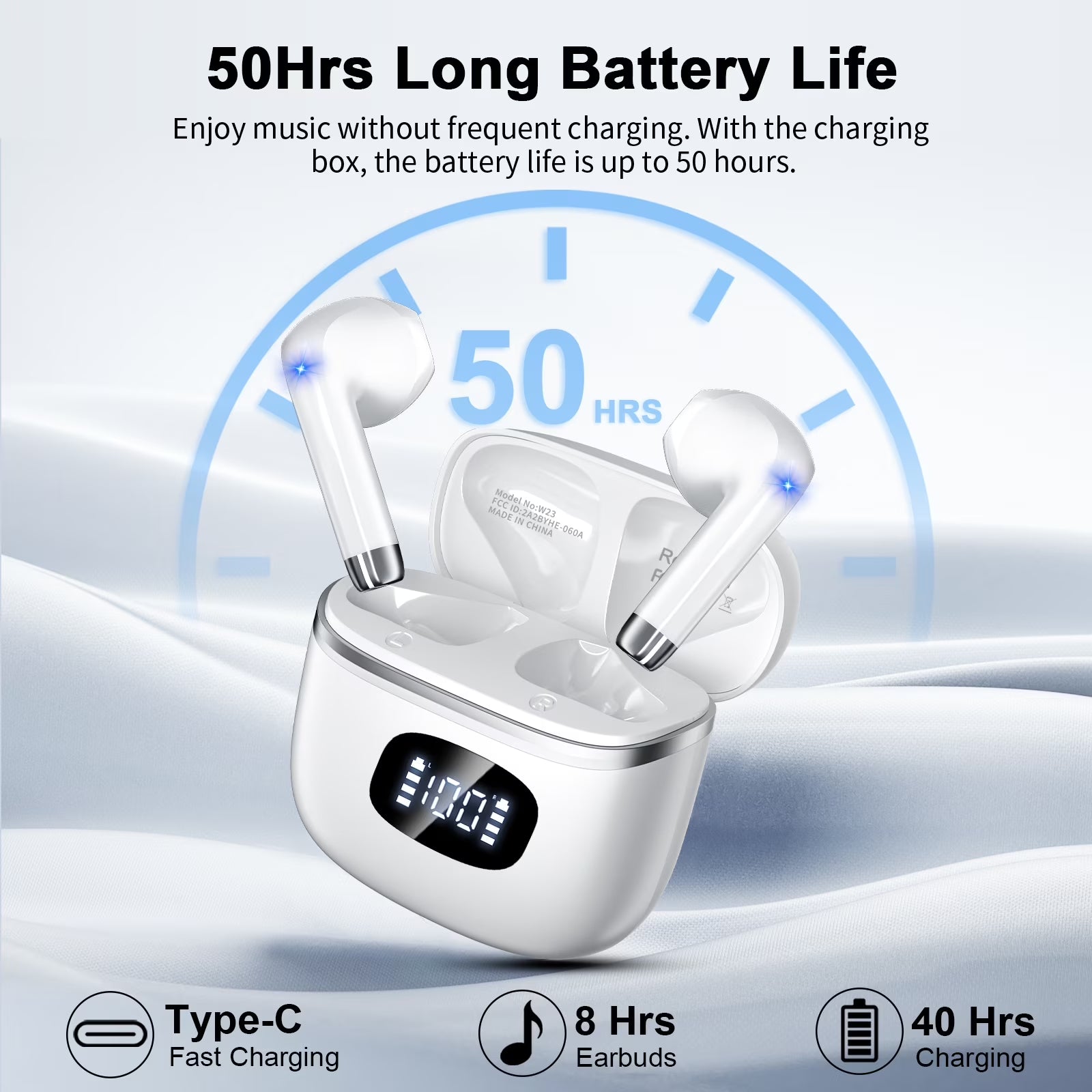 Wireless Earbuds Bluetooth 5.4​ Noise Cancelling for Iphone Android with 4 ENC Mic, Dual LED Display, 50H Playtime IPX7 Waterproof in Ear Headphones, White