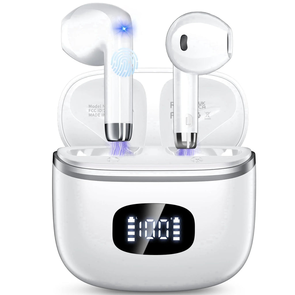 Wireless Earbuds Bluetooth 5.4​ Noise Cancelling for Iphone Android with 4 ENC Mic, Dual LED Display, 50H Playtime IPX7 Waterproof in Ear Headphones, White