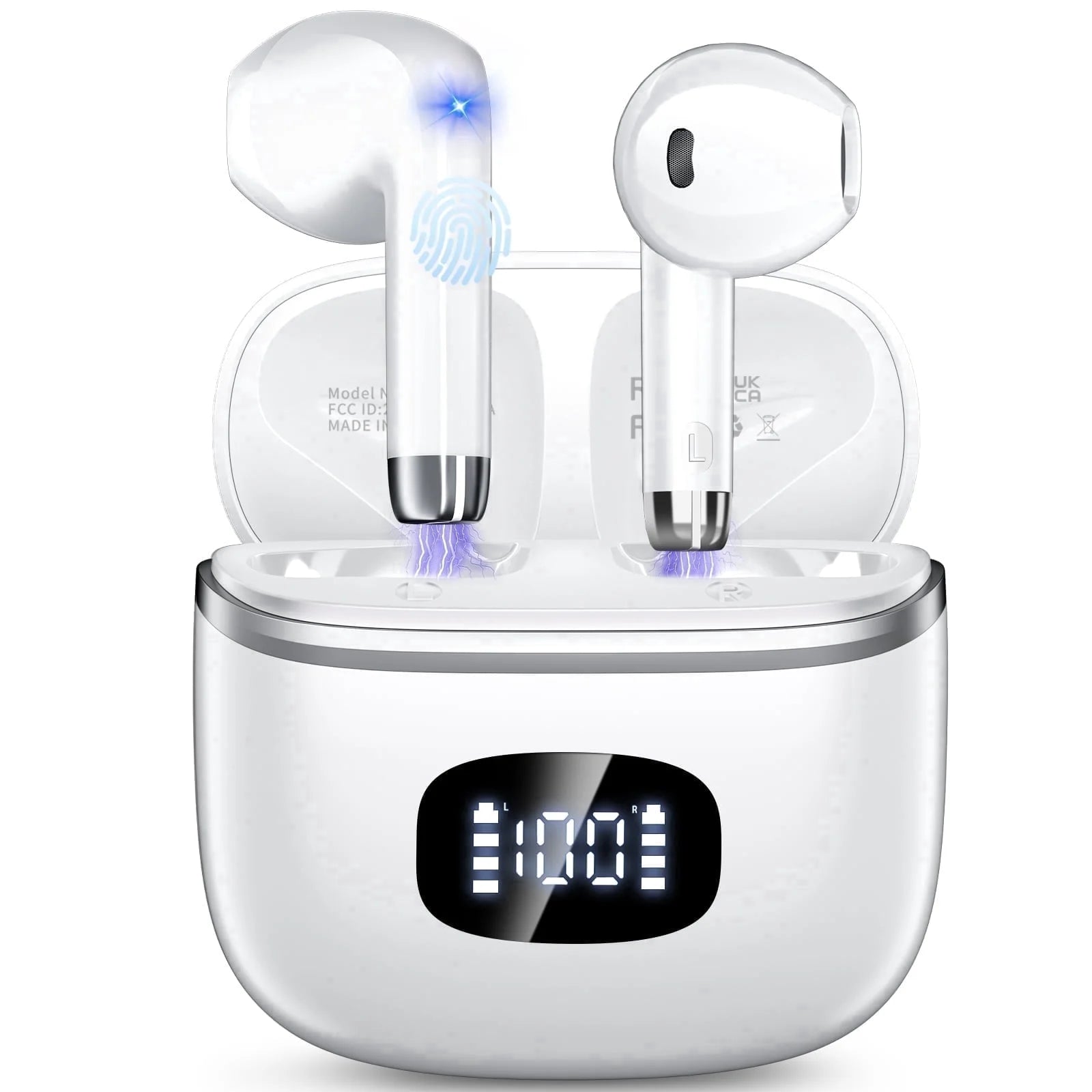 Wireless Earbuds Bluetooth 5.4​ Noise Cancelling for Iphone Android with 4 ENC Mic, Dual LED Display, 50H Playtime IPX7 Waterproof in Ear Headphones, White