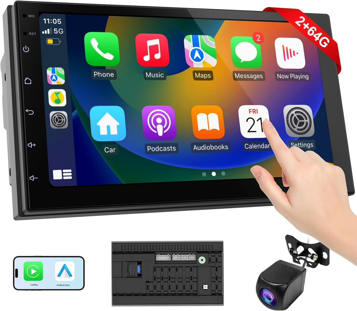 Wireless Carplay Screen for Car & Android Auto Head Unit - Touchscreen 7 Inch Double Din Car Stereo with Backup Camera for All Cars (2+64GB)