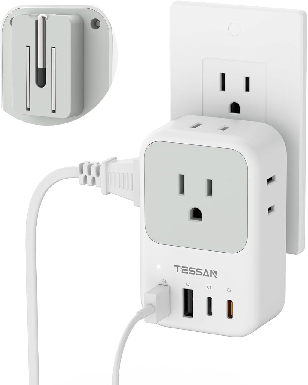 USB C Charger Block 20W PD, Fast Charging Adapter with Foldable Plug, 1875W Power Outlet Extender(4 AC and 4 USB) for Cruise, Home, Office, Dorm Room Essentials, Grey