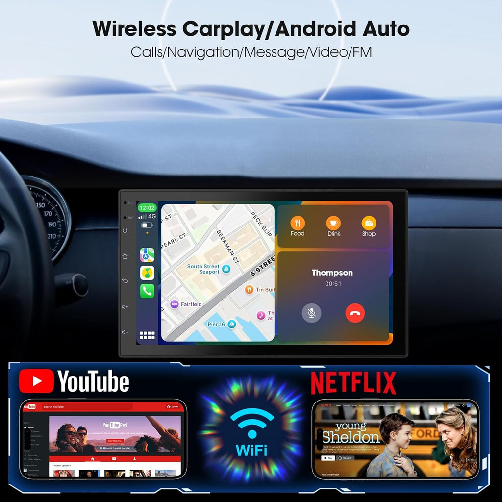 Wireless Carplay Screen for Car & Android Auto Head Unit - Touchscreen 7 Inch Double Din Car Stereo with Backup Camera for All Cars (2+64GB)