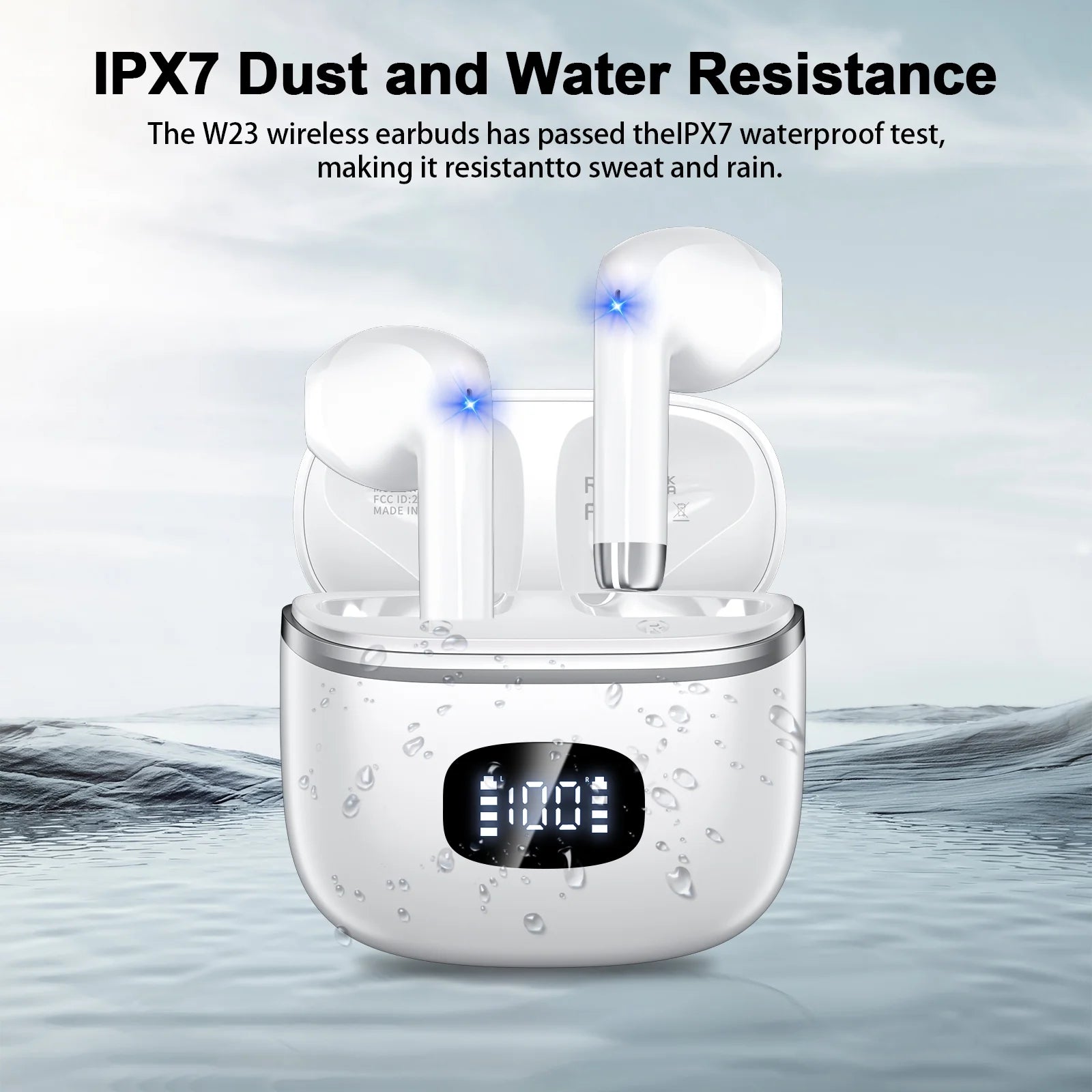 Wireless Earbuds Bluetooth 5.4​ Noise Cancelling for Iphone Android with 4 ENC Mic, Dual LED Display, 50H Playtime IPX7 Waterproof in Ear Headphones, White