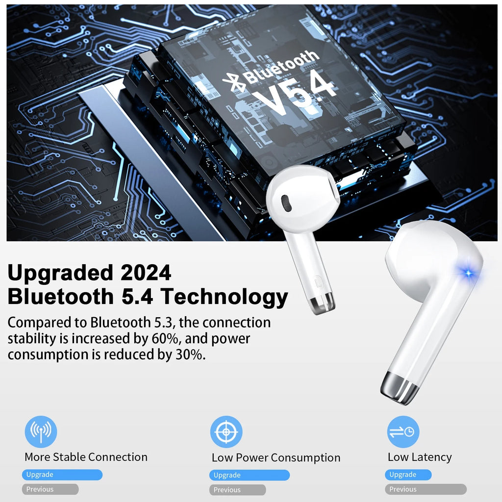 Wireless Earbuds Bluetooth 5.4​ Noise Cancelling for Iphone Android with 4 ENC Mic, Dual LED Display, 50H Playtime IPX7 Waterproof in Ear Headphones, White
